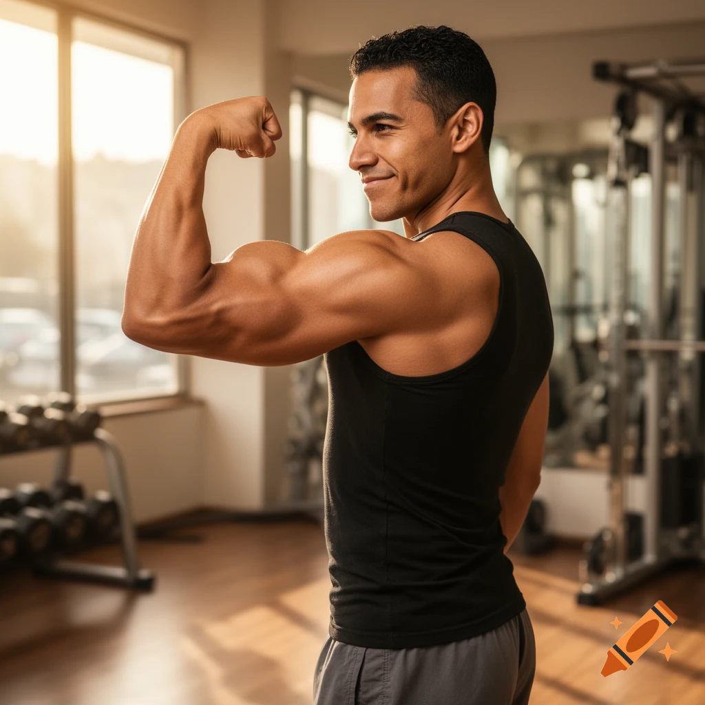 Muscular man in a black tank top flexing his bicep in a sunlit gym, smiling.