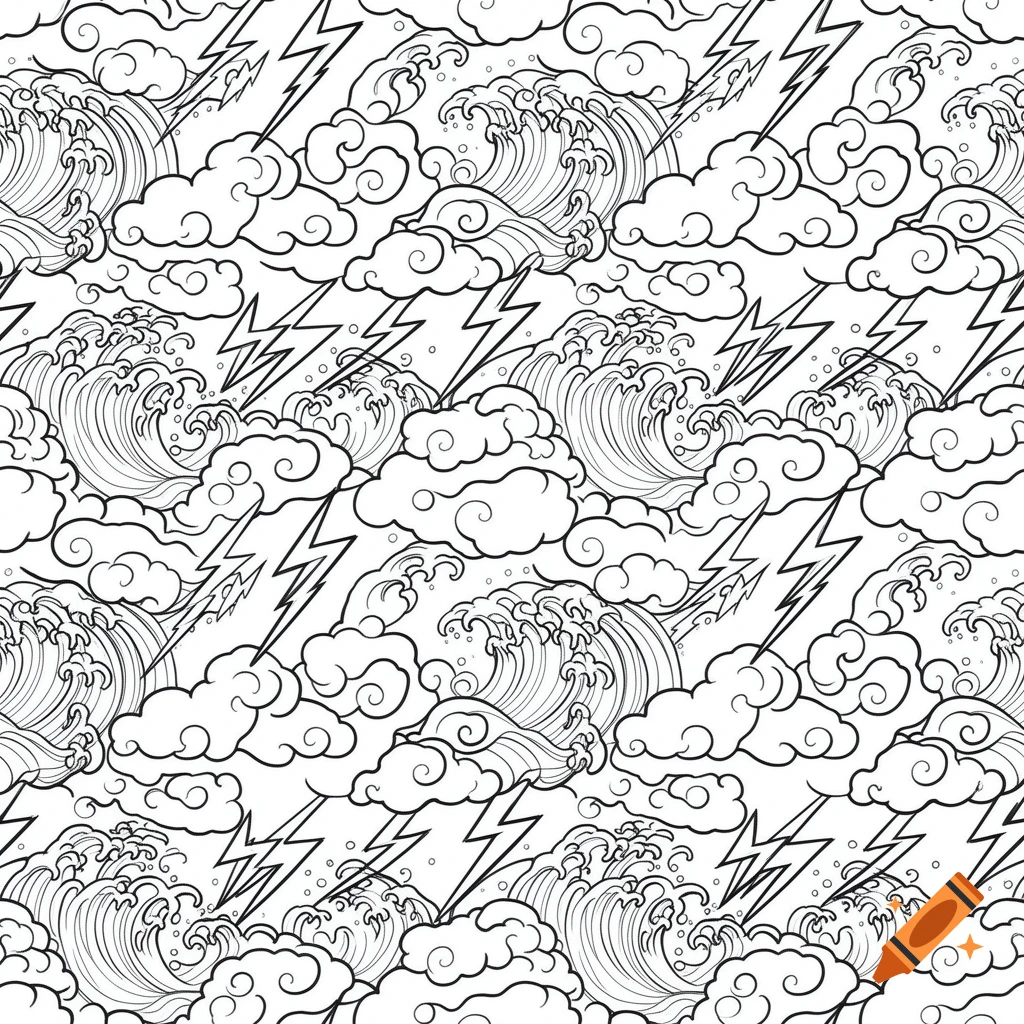 Repeating pattern of stylized clouds, lightning bolts, and ocean waves in black outline on a white background, in traditional Japanese tattoo style.