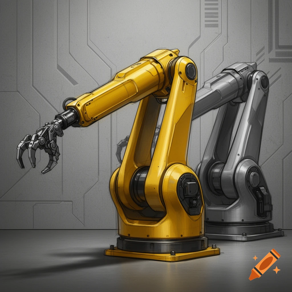 A detailed illustration of a yellow industrial robot with a gripper claw, standing in front of a grey robot and a textured wall.
