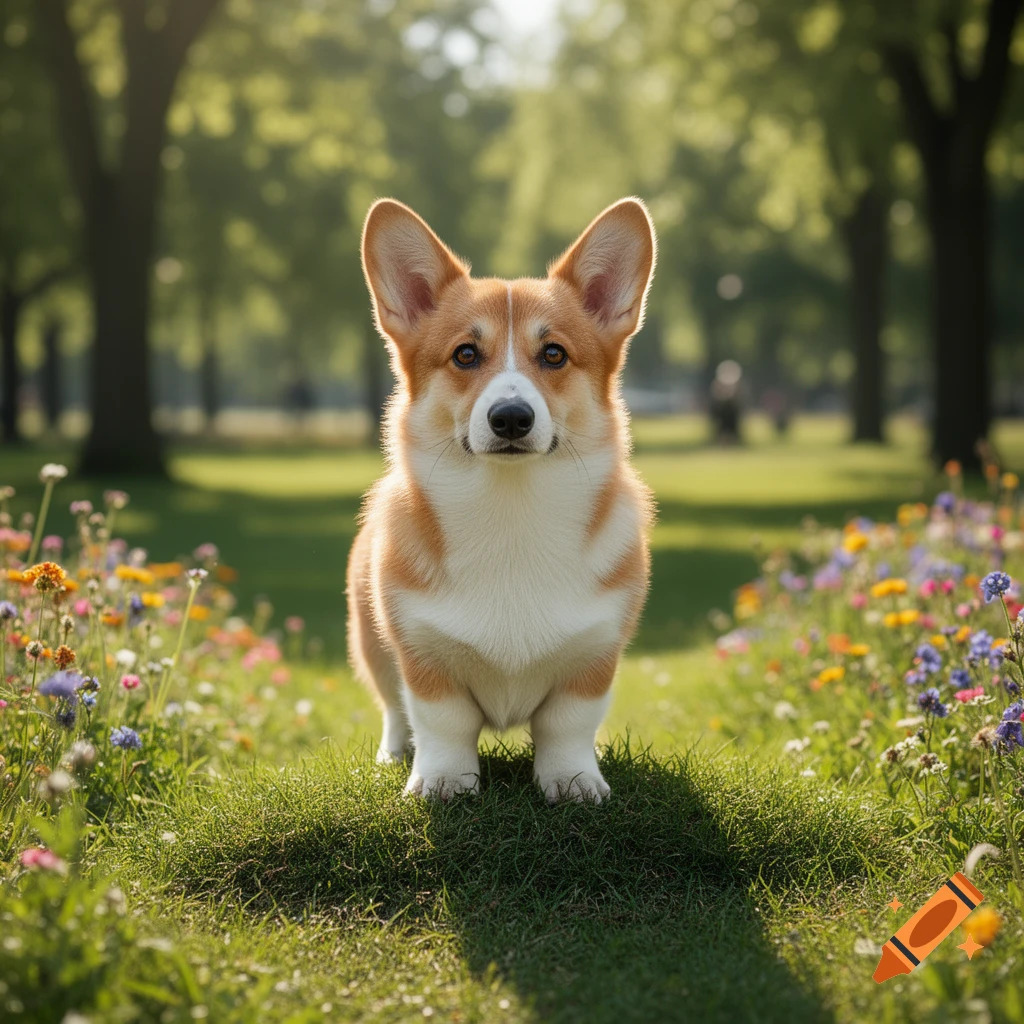 A fluffy, orange and white corgi dog sits on a patch of grass in a sunny park with wildflowers and trees.