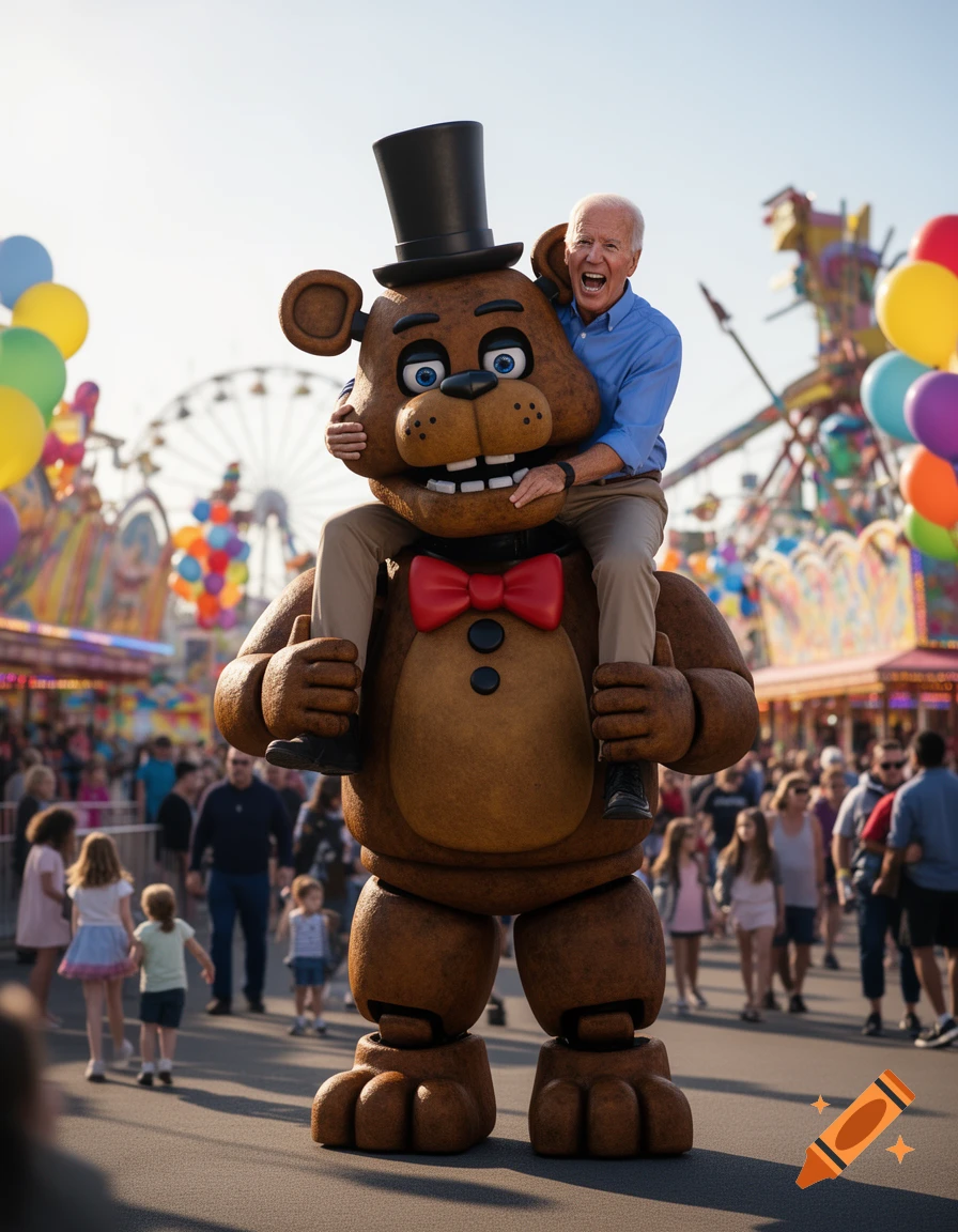 Photorealistic image of Joe Biden riding on Freddy Fazbear's shoulders at a sunny carnival.