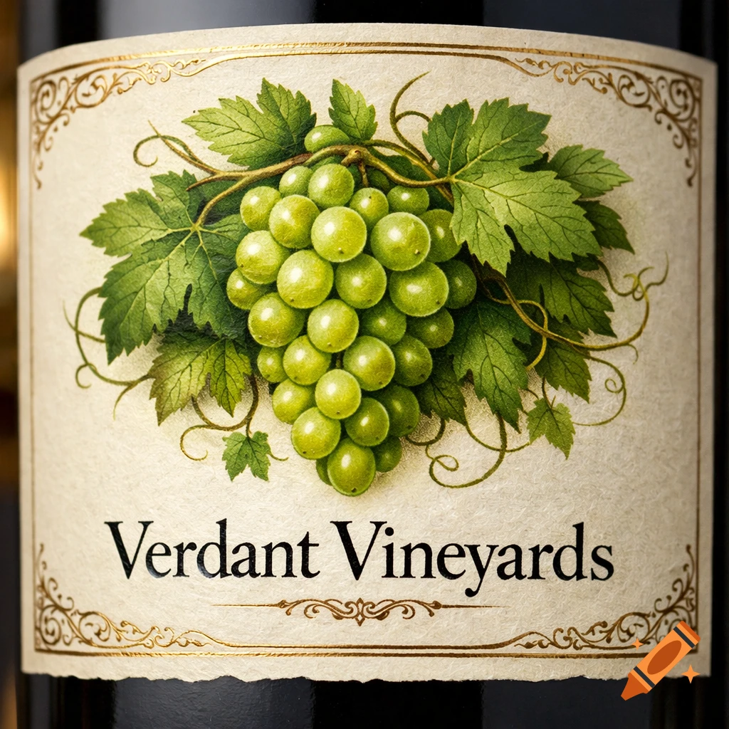 A close-up of a wine label featuring a cluster of green grapes, leaves, golden ornate borders, and 'Verdant Vineyards' text.