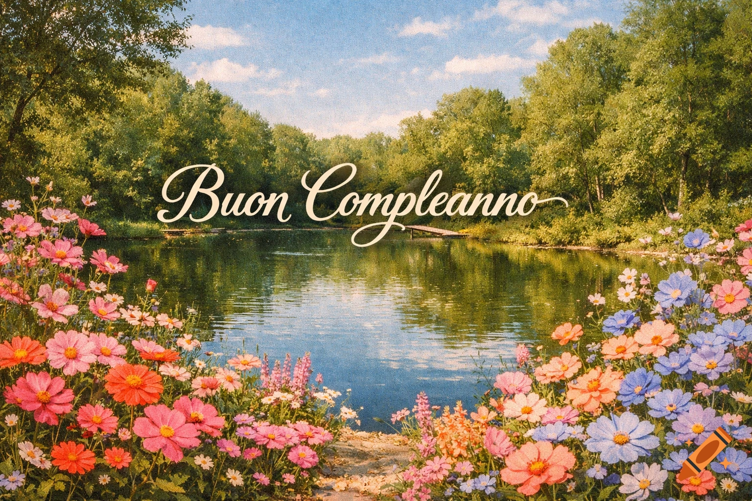 Vintage greeting card with 'Buon Compleanno' over a serene pond, lush trees, and vibrant pastel flowers, film grain effect.