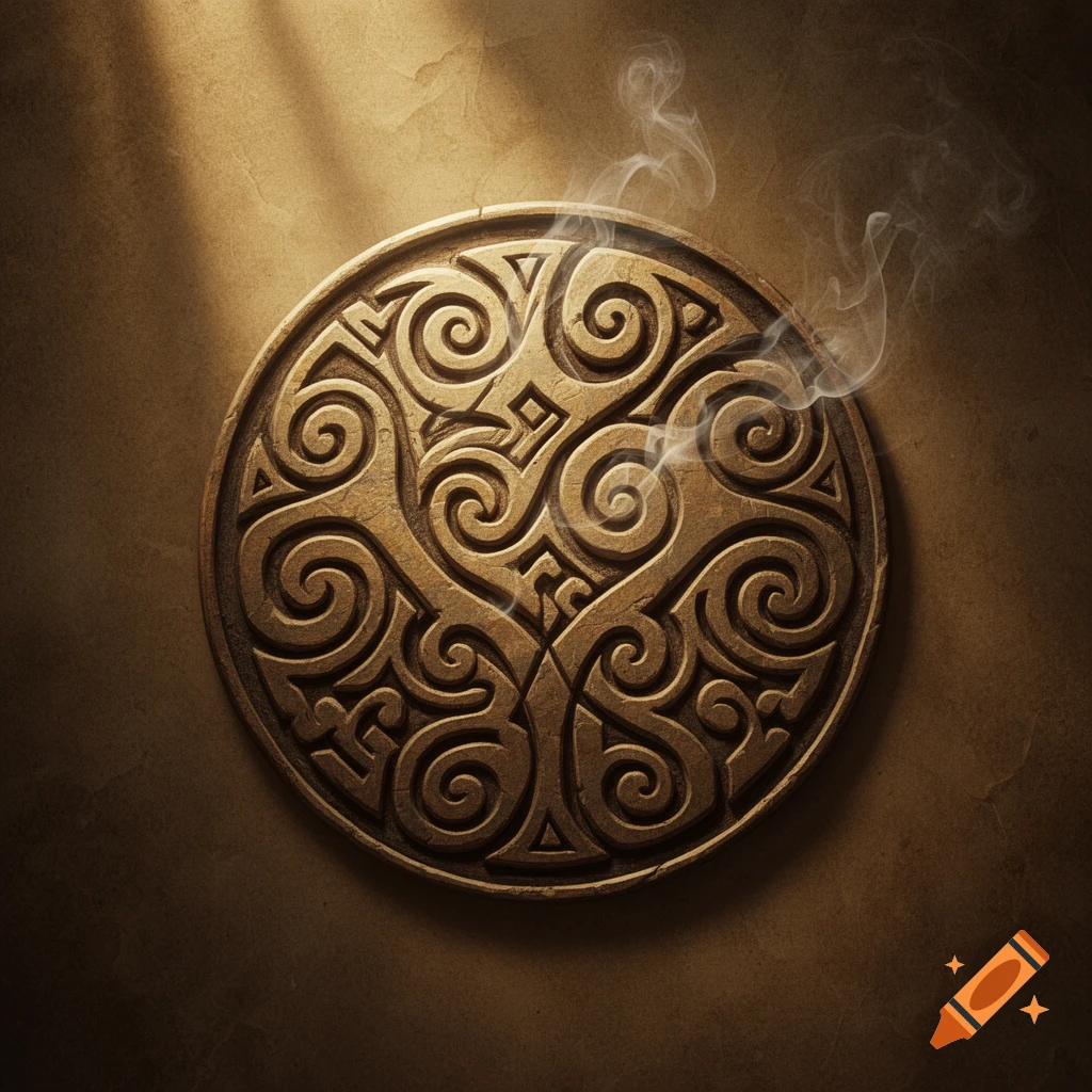 A detailed bronze tribal medallion with intricate swirling patterns, emanating wisps of smoke, set against a warm, textured background.