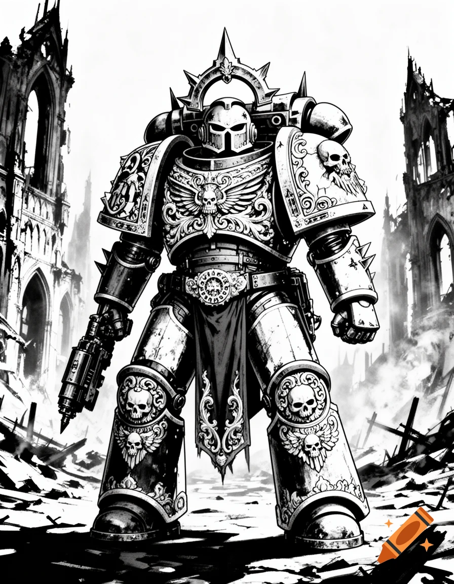 Black and white illustration of a heavily armored Warhammer 40k Space Marine holding a weapon in a ruined gothic city.