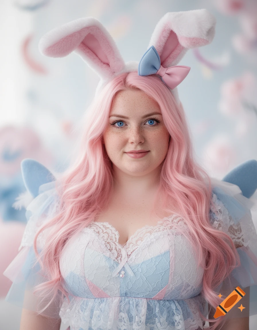 Photorealistic portrait of a woman with pink hair, blue eyes, and freckles, wearing bunny ears and a pastel lace outfit.
