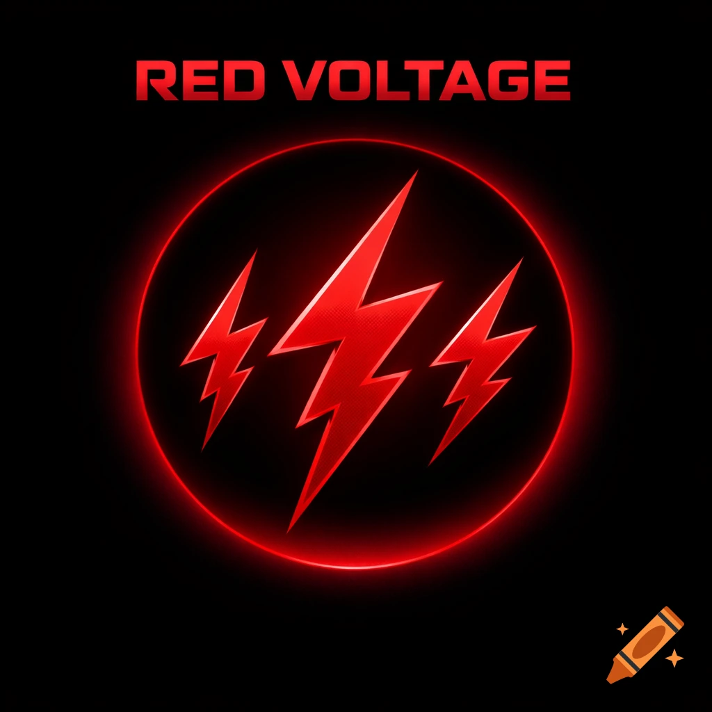 A red gradient circle containing three red lightning bolts on a black background, with 'RED VOLTAGE' text above.