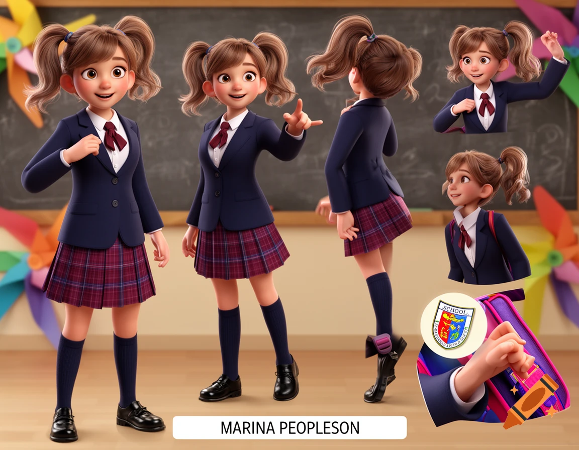3D animated reference sheet of a girl with pigtails in a navy school uniform, white shirt, red tie, and plaid skirt, shown in multiple poses in a classroom.