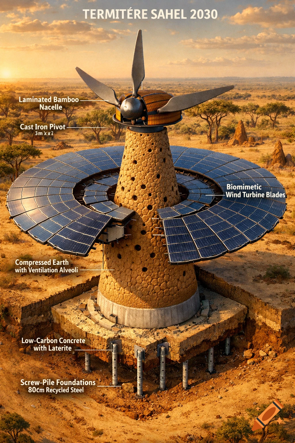 Detailed isometric 3D cross-section diagram of a 'TERMITÈRE SAHEL 2030' hybrid solar-wind turbine, with labels pointing to components like biomimetic blades, laminated bamboo nacelle, cast iron pivot, compressed earth tower, low-carbon concrete, and screw-pile foundations, set against a golden hour Sahel landscape.