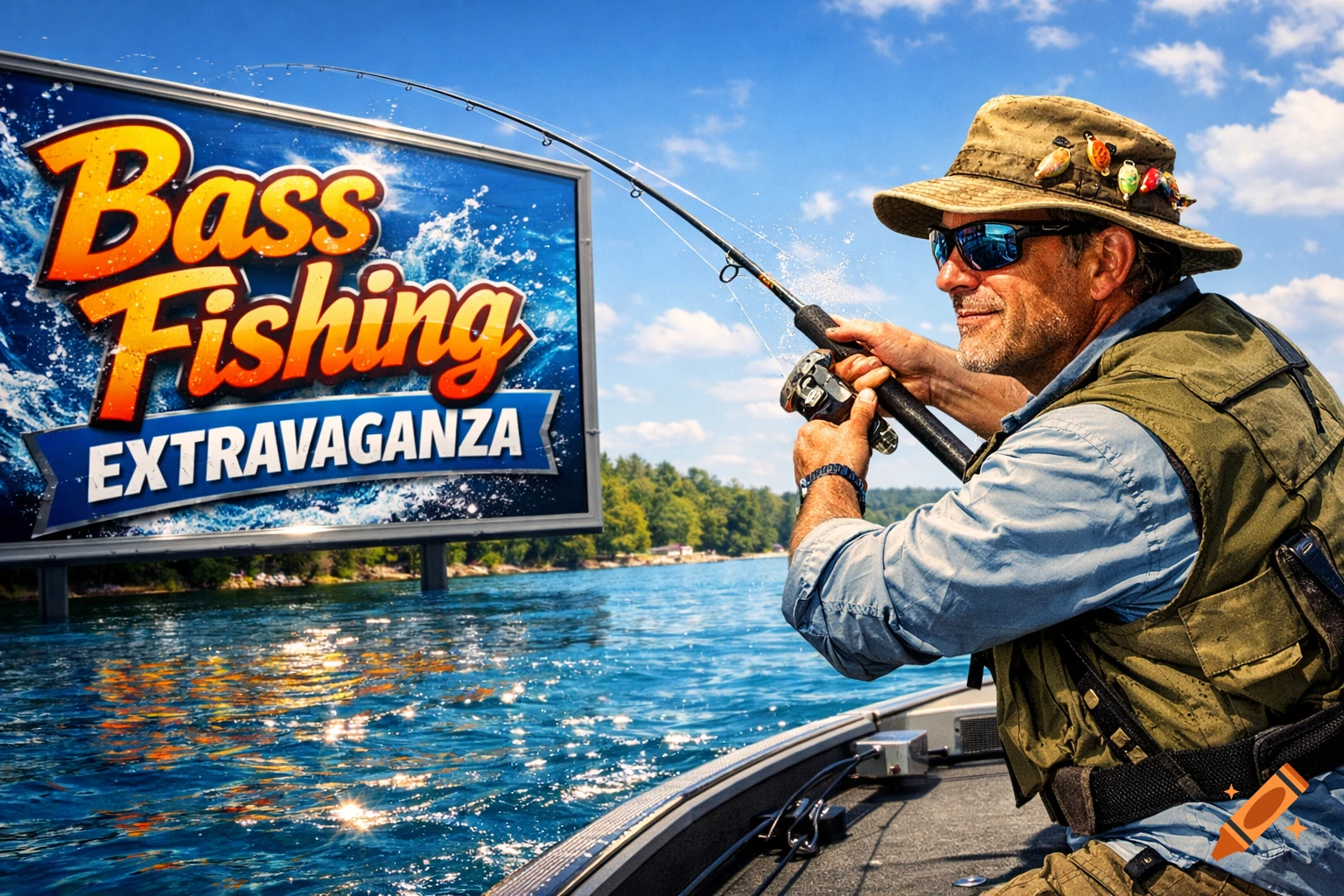A man in a hat and sunglasses fishes from a boat on a sunny lake, with a "Bass Fishing EXTRAVAGANZA" billboard in the water behind him.