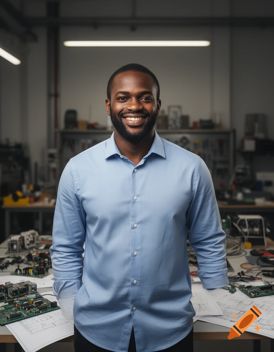 A smiling Black electrical engineer in a blue shirt stands in a workshop with circuit boards and schematics on the table.