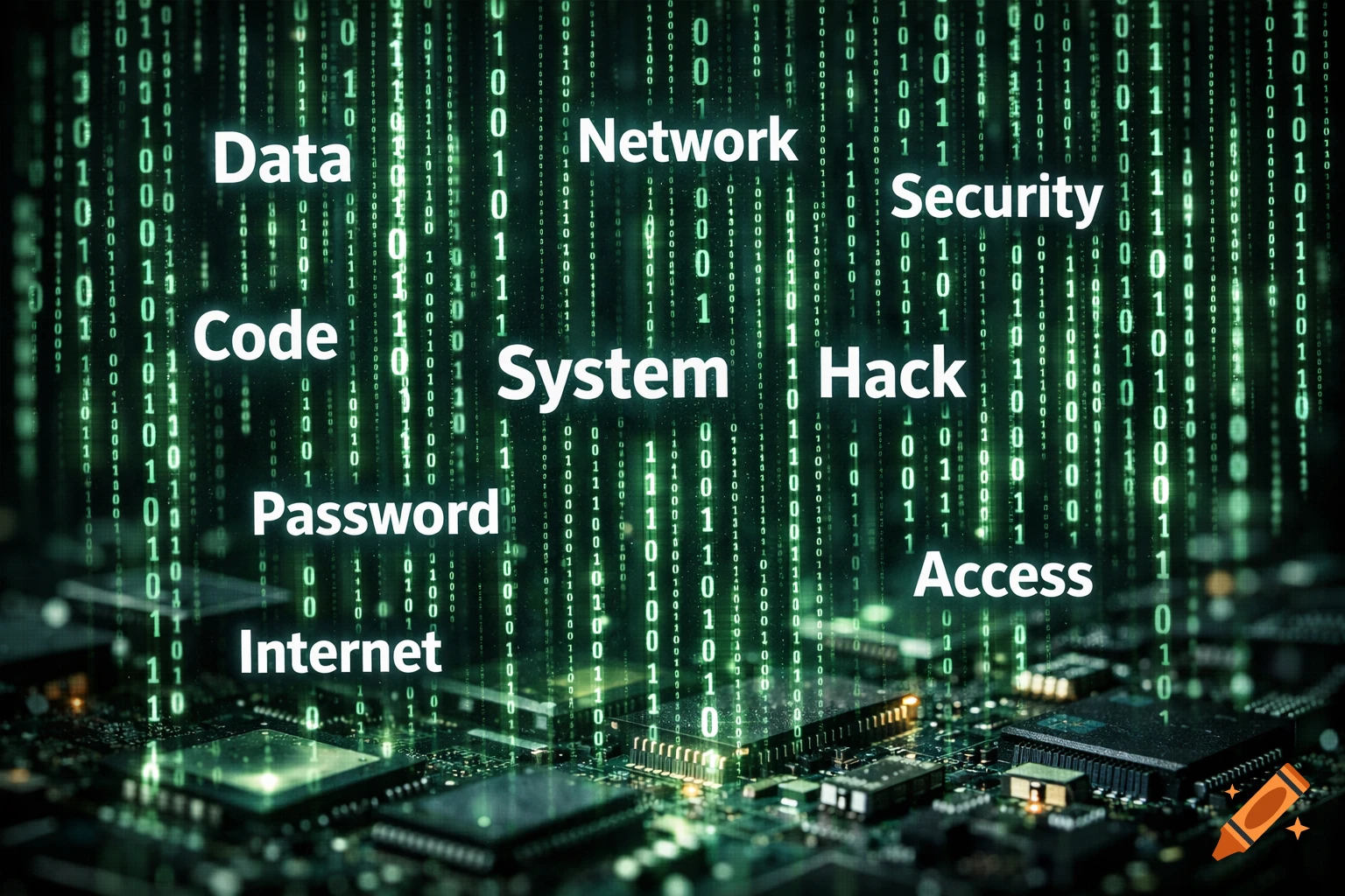 Green binary code and tech words like Data, Network, Security, System, and Code overlay a glowing circuit board.