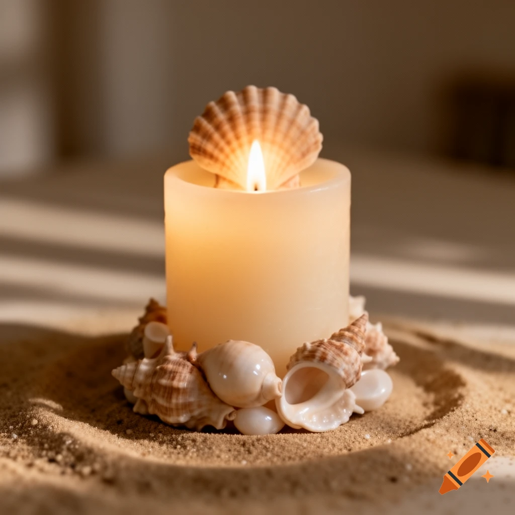 A lit candle with a scallop shell on top and various seashells around its base, resting on sand.
