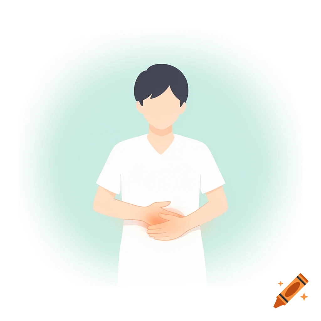 Minimalist illustration of a person in a white shirt holding their stomach, highlighted with a red glow, on a soft teal background.