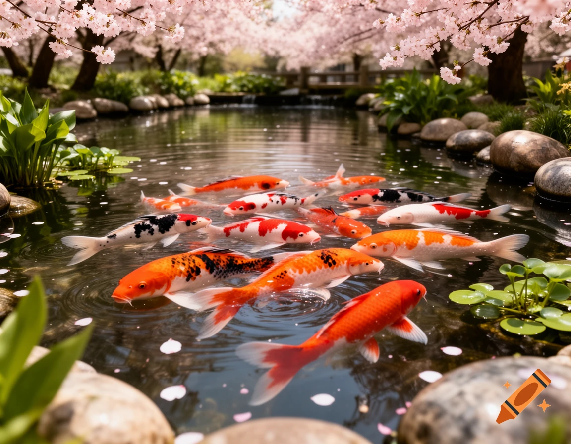 A serene pond filled with orange, white, and black koi fish swimming under blooming pink cherry blossom trees, photorealistic.