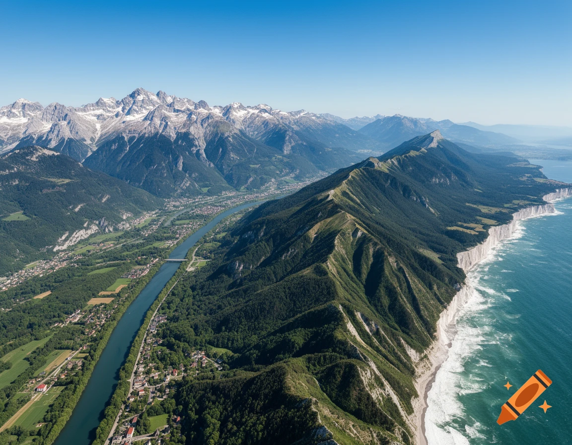 Aerial view of a valley with a river, town, snow-capped mountains in the distance, and white cliffs bordering a turquoise ocean.