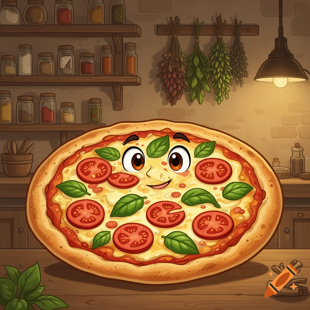 A cute cartoon pizza character with a smiling face, tomatoes, and basil, on a kitchen counter with shelves of spices.