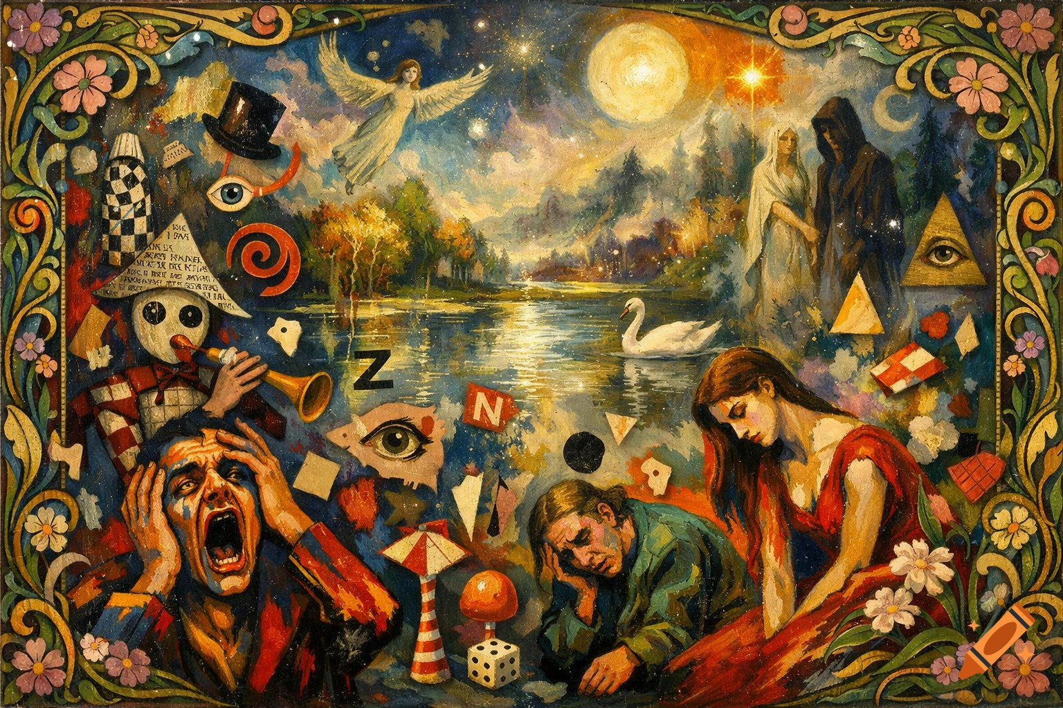 Surreal oil painting with a decorative border featuring distorted figures, a screaming man, a calm swan on a lake, an angel, mystical landscape, and scattered letters in a dream-like scene.