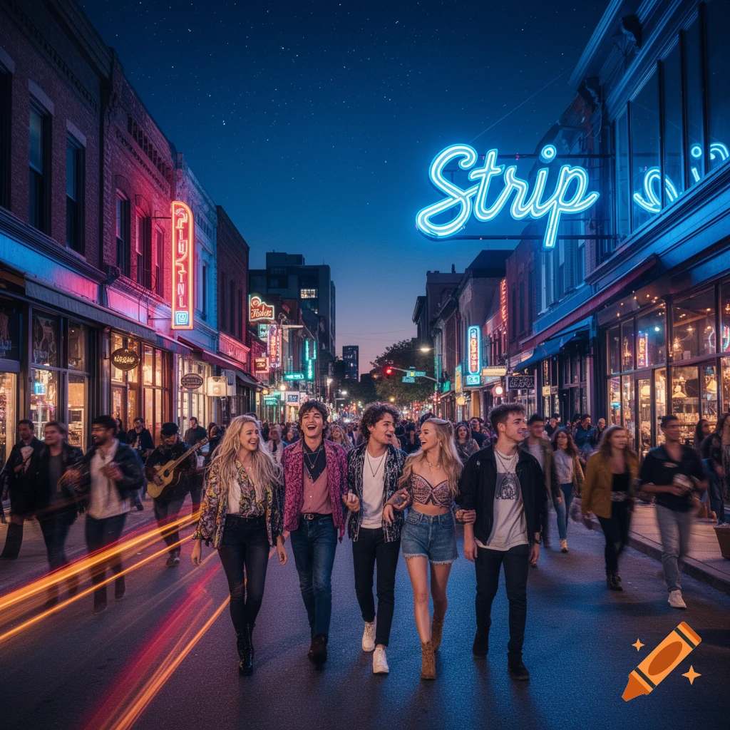 A group of young people walk down a vibrant city street at night, illuminated by bright neon signs, including one reading 'Strip'.
