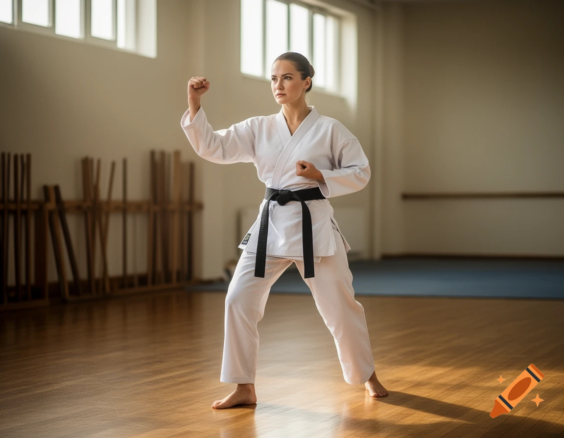 A woman in a white karate gi and black belt stands in a traditional martial arts pose in a sunlit dojo.
