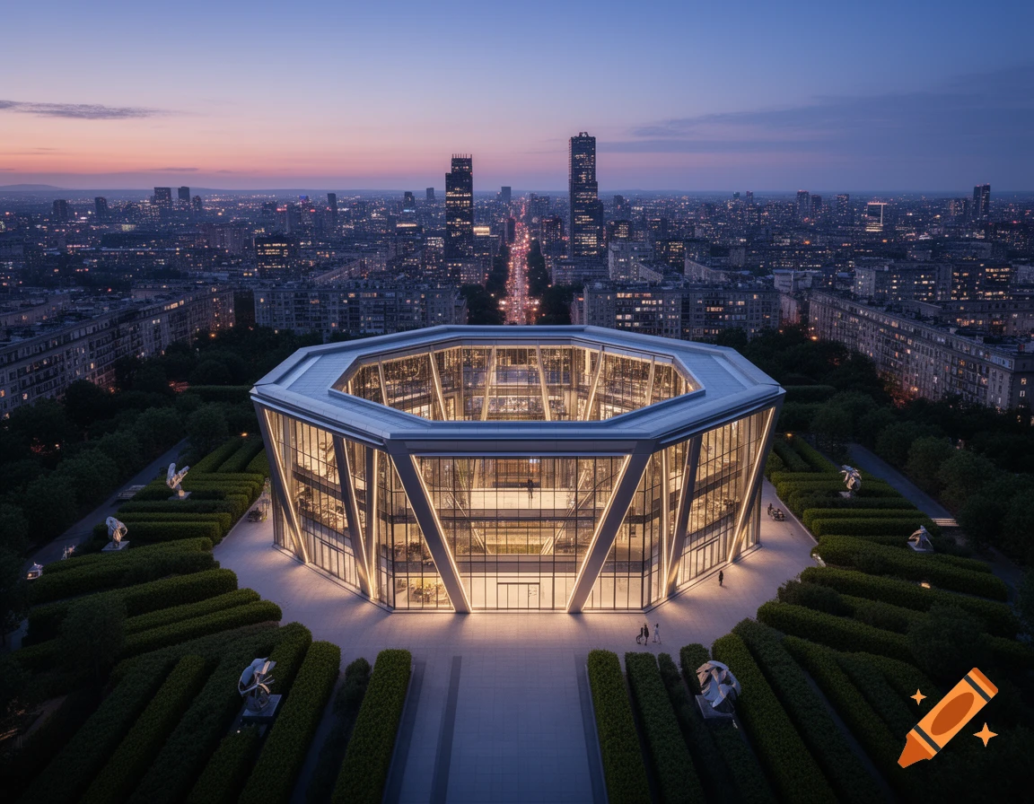 An aerial view of a modern heptagonal glass building with a rooftop garden, illuminated at twilight against a sprawling city skyline.