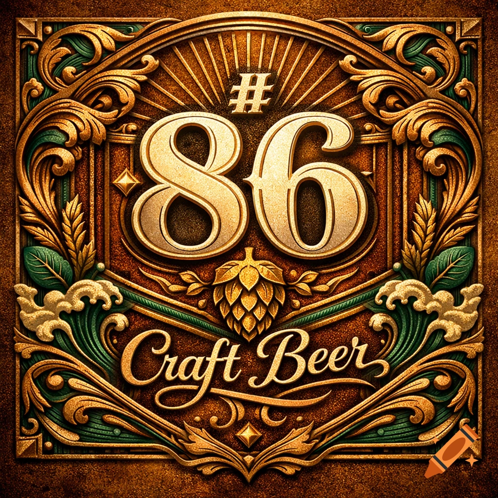 Ornate, metallic-effect label for #86 Craft Beer, featuring golden numbers, hop cones, and intricate green and gold scrollwork.