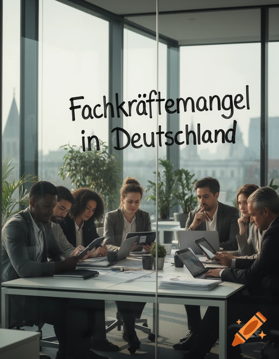 Diverse business professionals in a modern office meeting room, with text 'Fachkräftemangel in Deutschland' on a glass wall.