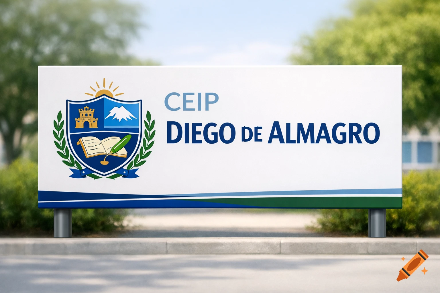 A white sign with blue and green stripes and a coat of arms logo, displaying 'CEIP DIEGO DE ALMAGRO' on two grey posts outdoors.