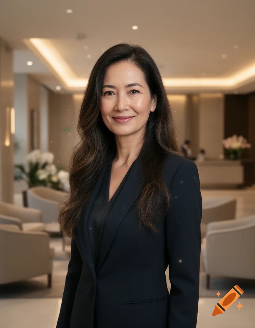 A confident and friendly professional woman with long dark hair, wearing a dark suit, stands in a modern hotel lobby, with a subtle mystical aura.