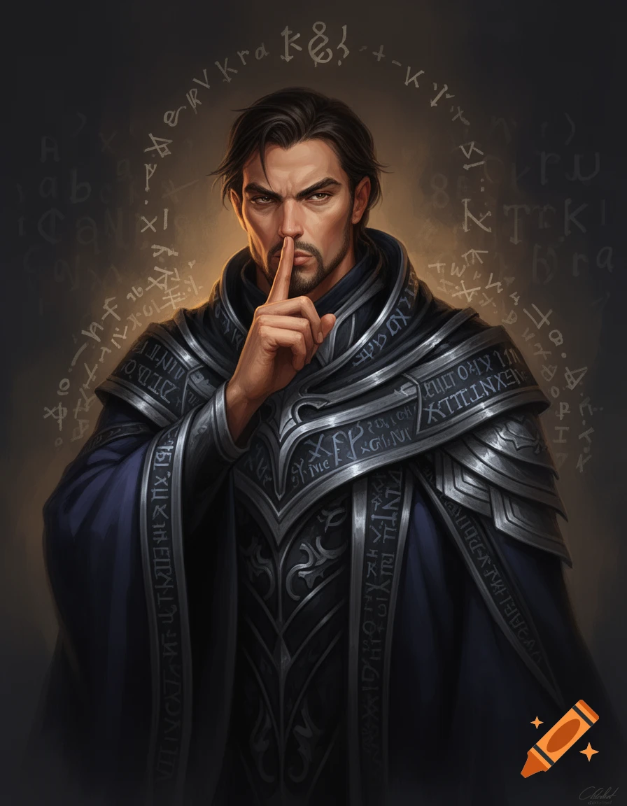 A stern fantasy wizard in dark, runic robes holds a finger to his lips, surrounded by glowing glyphs, symbolizing silence. Digital art.