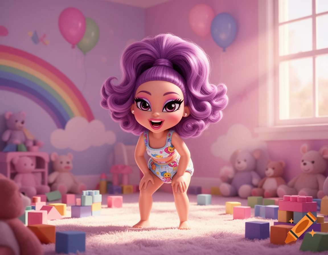 A cartoon Bratz-style doll with purple hair and a diaper, squatting in a pink nursery with colorful building blocks and teddy bears.