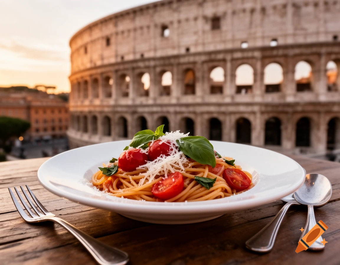 Photorealistic pasta dish with tomatoes, basil, and cheese on a table, with the Roman Colosseum in the background at sunset.