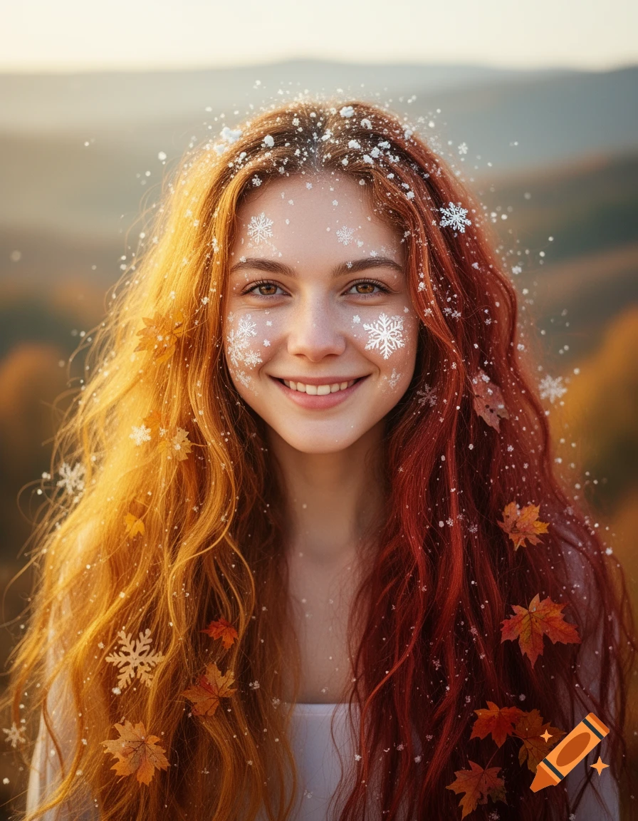 Smiling young woman with long, flowing red and orange hair adorned with snowflakes and autumn leaves, against a blurry natural backdrop.