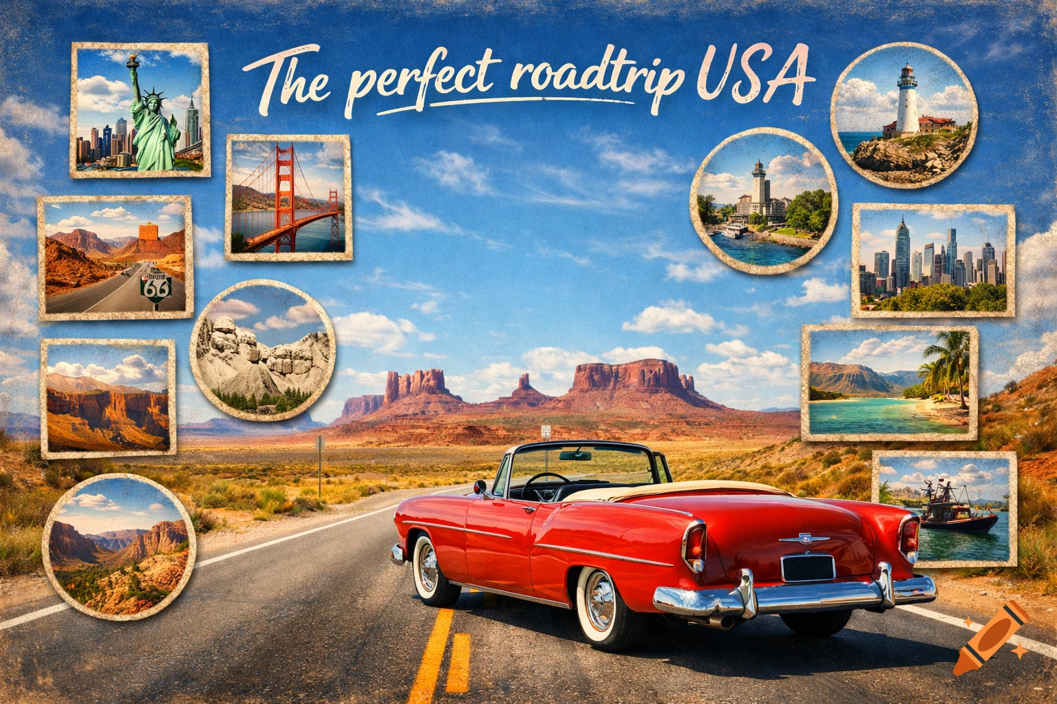 A vintage-style collage showing a red classic convertible on a desert road, with framed photos of USA landmarks like the Statue of Liberty and Monument Valley, under "The perfect roadtrip USA" text.