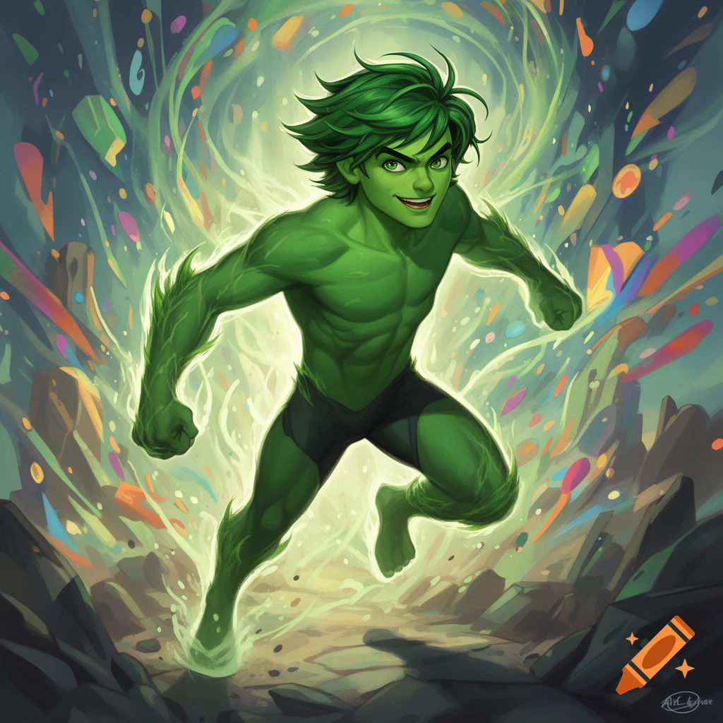 A vibrant, green-skinned Beast Boy-like character with spiky hair runs forward, emanating green energy in a colorful, stylized comic art style.