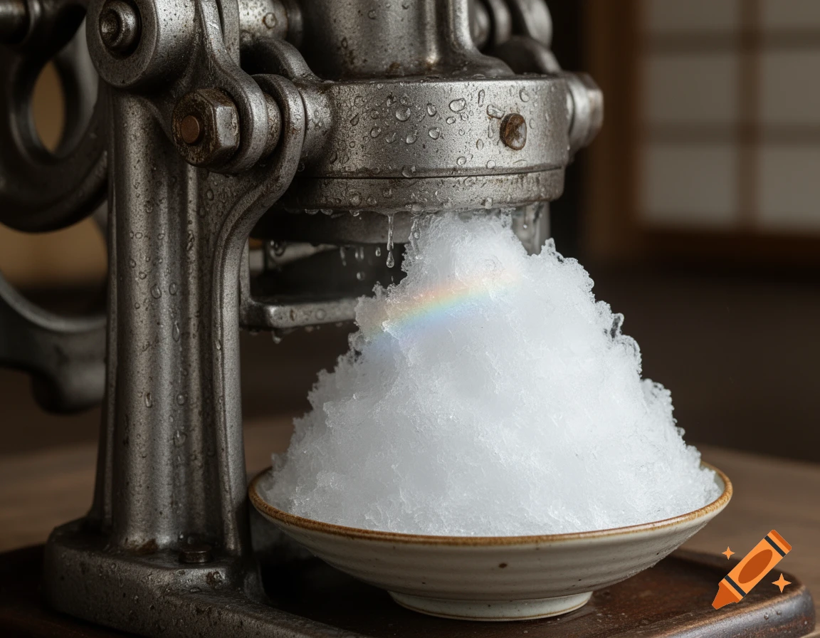 A detailed shot of a metallic, hand-cranked kakigori machine shaving a mound of fluffy white ice into a bowl, with a small rainbow visible in the ice.