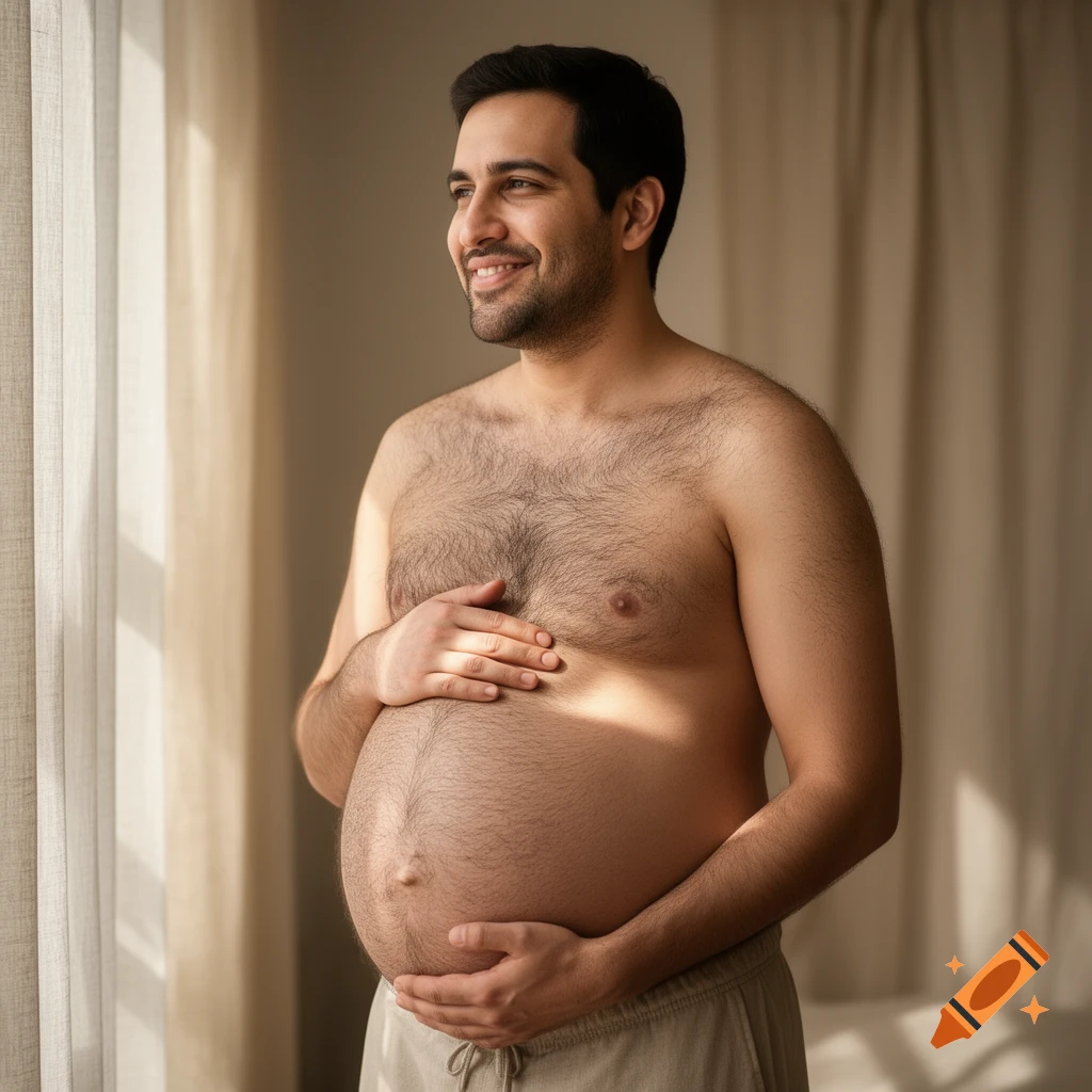 Photorealistic image of a smiling, hairy man with a pregnant belly, holding his stomach and looking out a sunlit window.