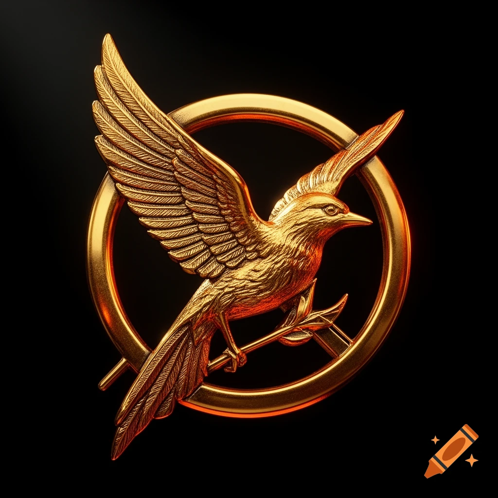 A detailed golden Mockingjay pin with outstretched wings, perched on an arrow within a circular ring, against a dark black background.