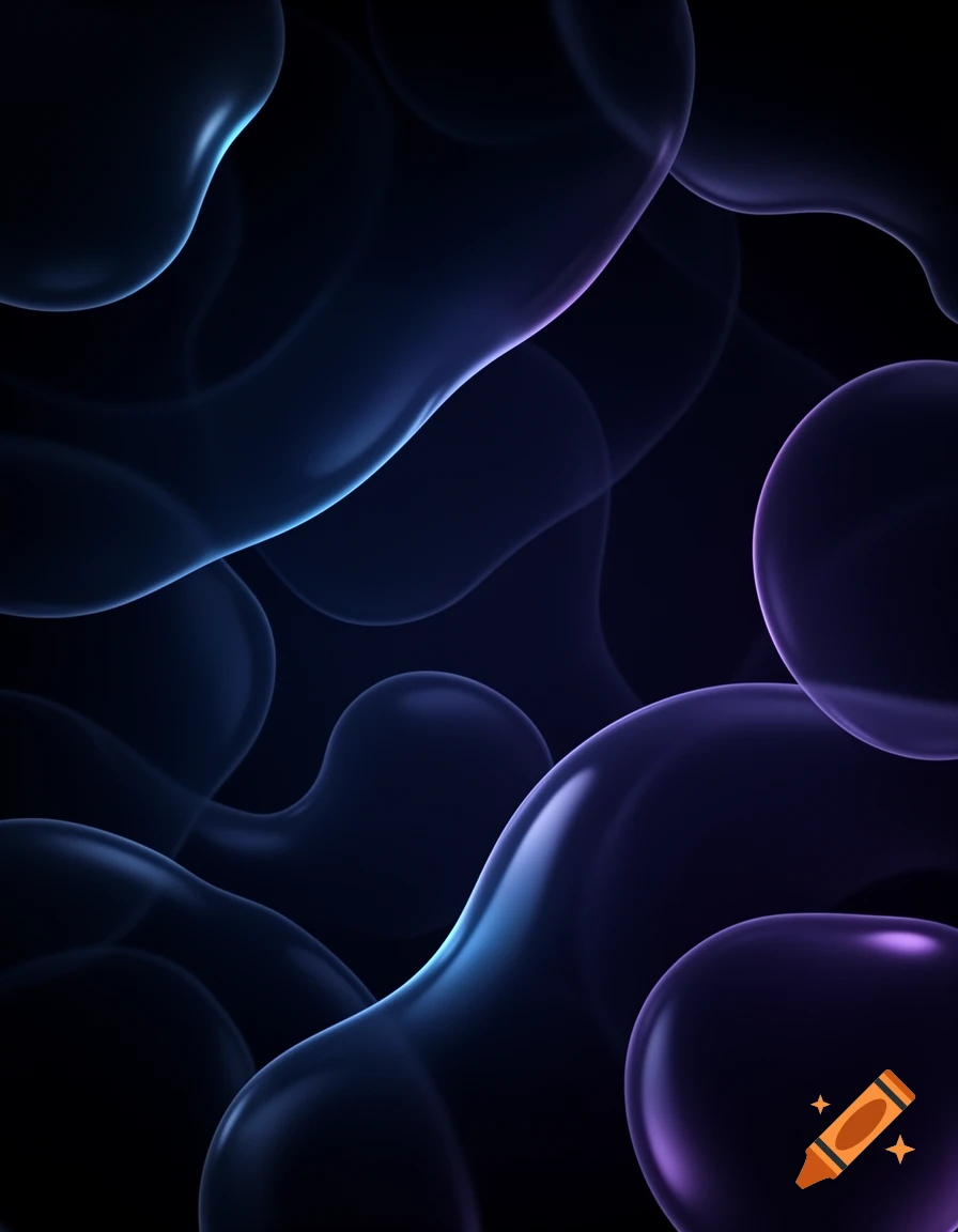 Abstract dark background with smooth translucent organic blobs, glowing with blue and purple bioluminescent highlights.
