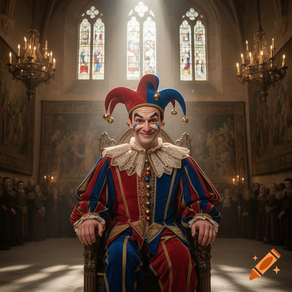 A man in a red and blue jester costume with a bell hat smiles while sitting on a throne in a grand, sunlit hall.