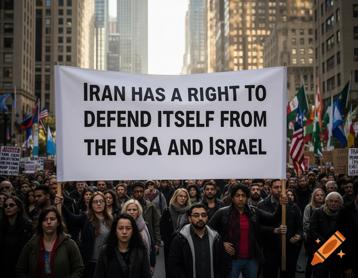 Photorealistic image of a large crowd protesting in a city street, holding a banner that reads 'IRAN HAS A RIGHT TO DEFEND ITSELF FROM THE USA AND ISRAEL'.