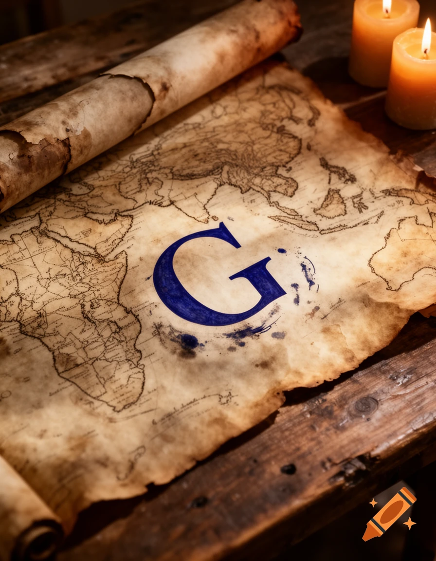 Old unrolled world map with a large blue 'G' at its center, alongside two lit candles on a wooden table.