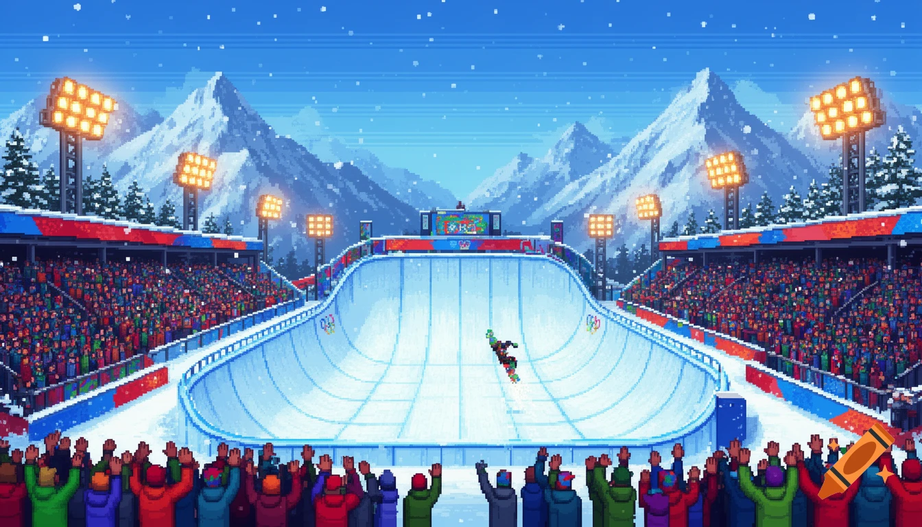 A retro 16-bit pixel art scene of a snowboarding competition in a stadium, with a snowboarder in a halfpipe, cheering crowd, snowy mountains, and bright lights.