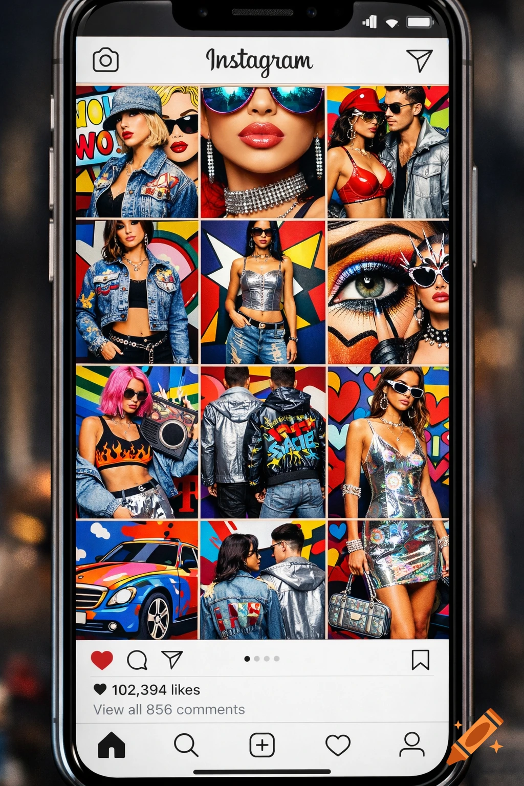 A photorealistic smartphone screen displays an Instagram feed filled with pop art-style fashion photos and a colorful car.