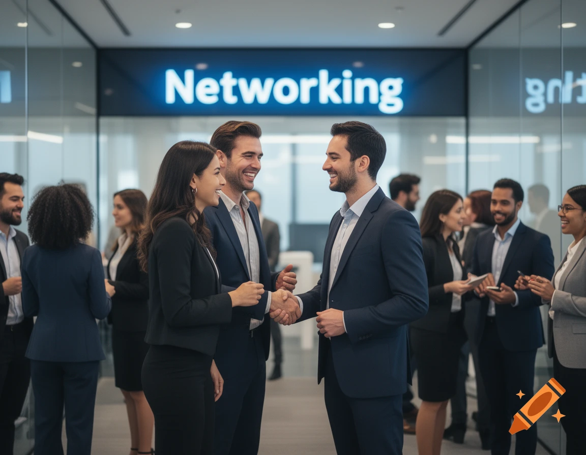 Diverse business professionals in suits shaking hands and conversing in a modern office lobby with a 'Networking' sign.