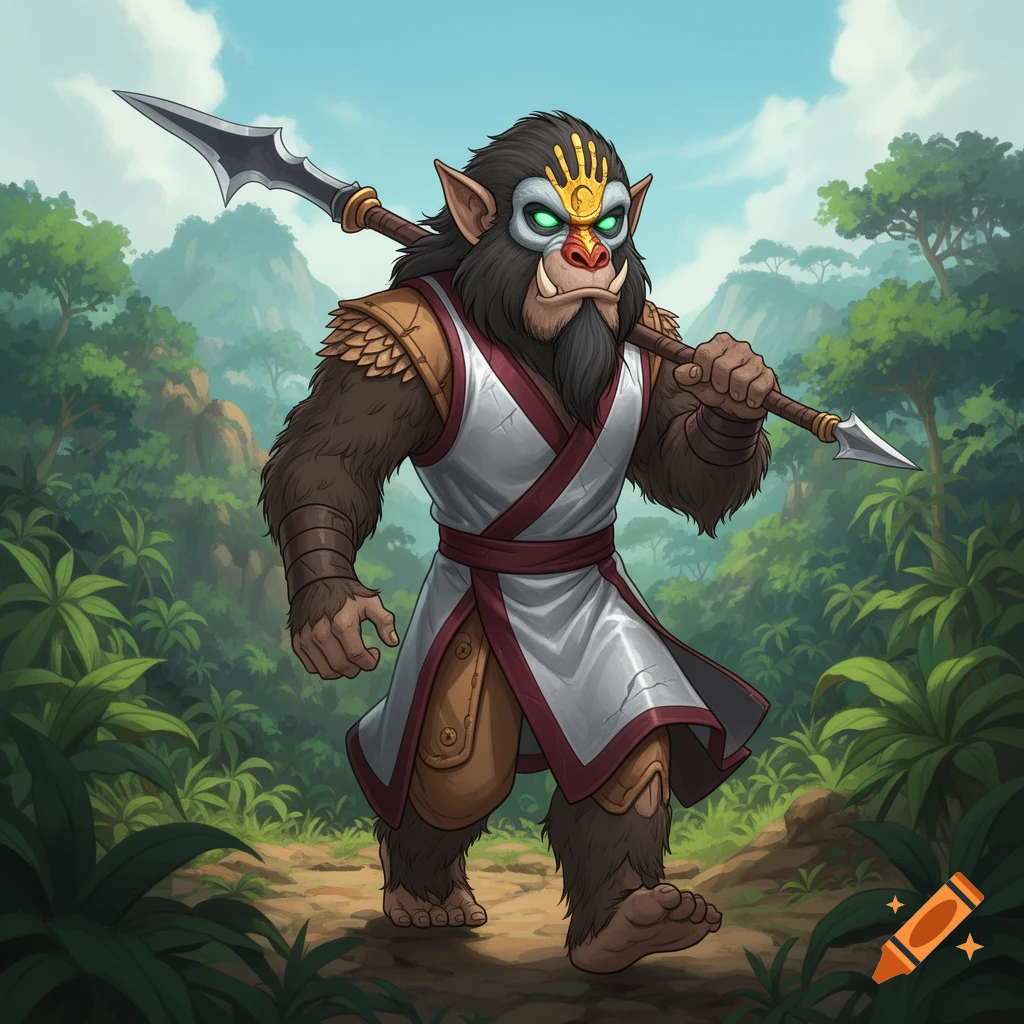 A mandrill-faced fantasy warrior with glowing green eyes and a golden handprint on its forehead, wearing a monk robe, walks through a jungle with a spear.