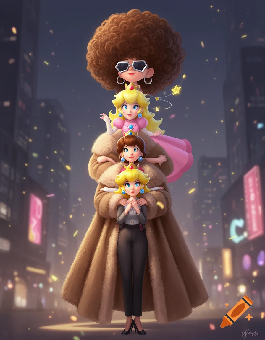 Rosalina in an afro and sunglasses, Peach, Daisy, and Mayor Pauline from Super Mario stacked in a pyramid against a city night.