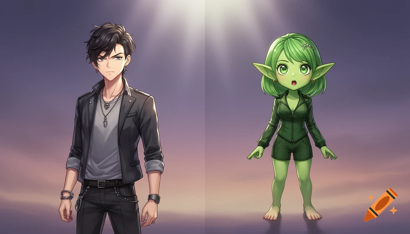 Anime art of a young man in modern clothes and a surprised barefoot green-skinned goblin woman in a similar outfit, in two panels.