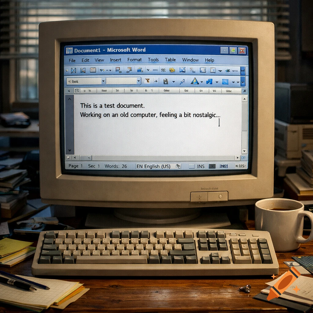 A photorealistic image of an old CRT computer monitor displaying Microsoft Word on a cluttered wooden desk with a keyboard, coffee mug, and notepad.
