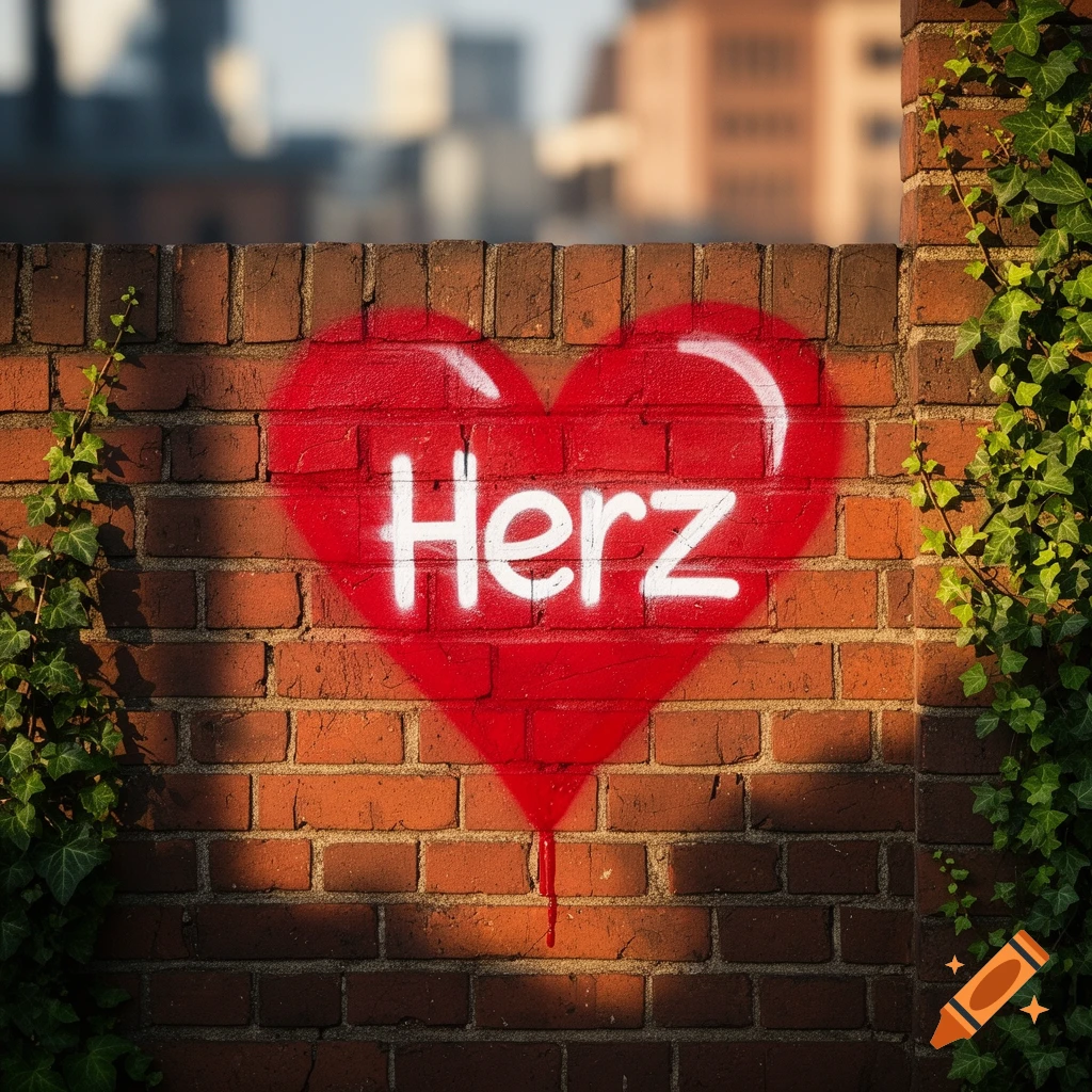 Red heart graffiti with 'Herz' on a brick wall covered in ivy, with a blurry urban background.